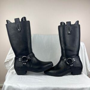 Bogs Dakota Tall Boots Rubber Pull On Low Heel Harness Black Square Toe Size 8